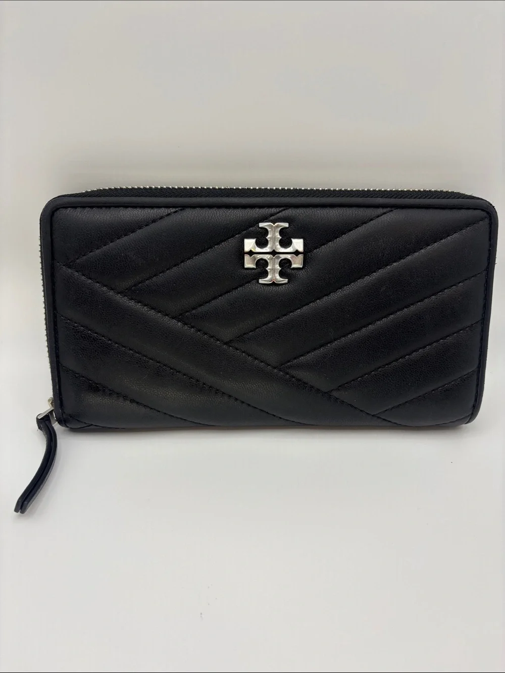 Tory Burch Black Quilted Zip Wallet with Silver Logo